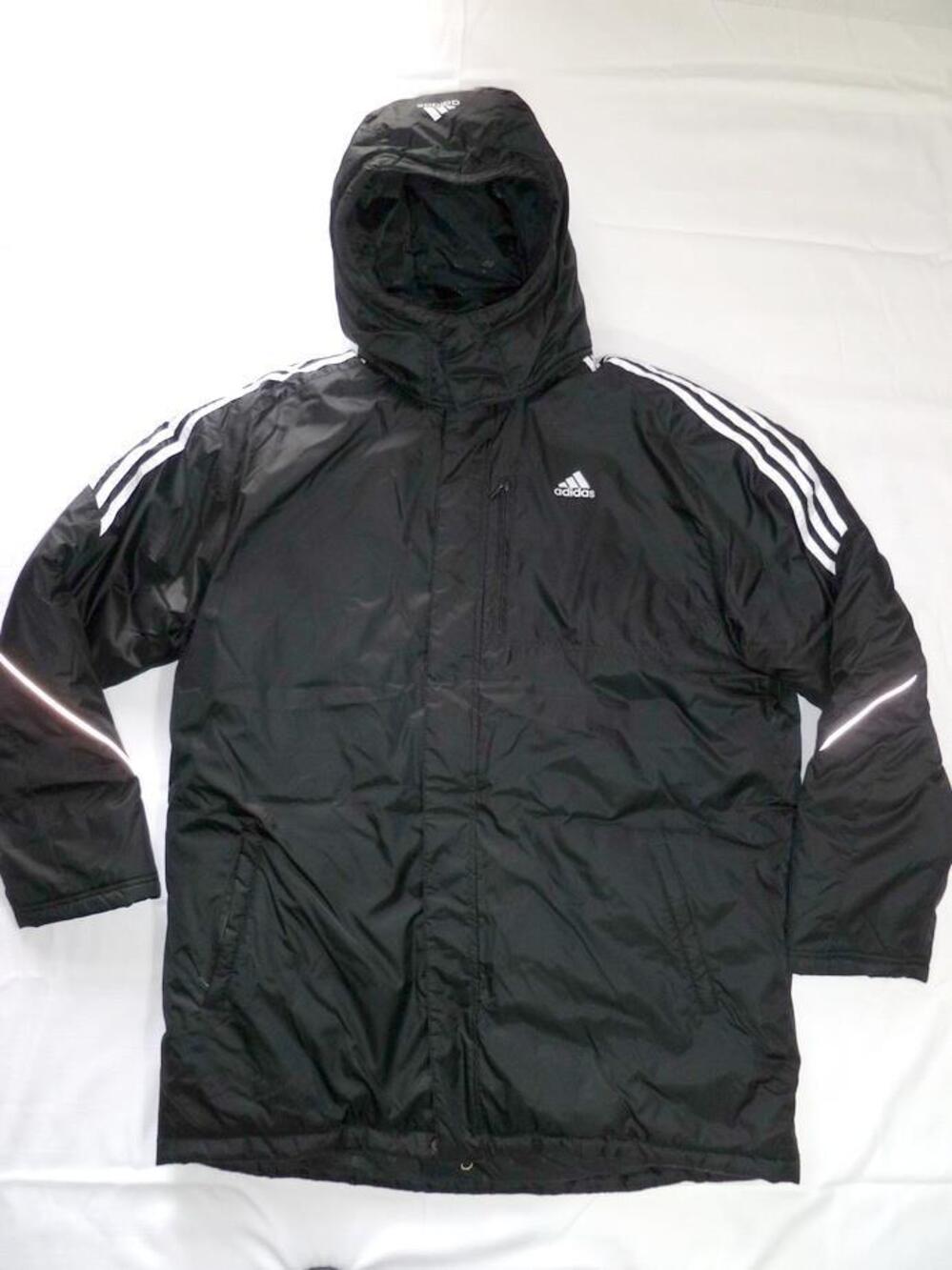 ADIDAS USED MEN XL NYLON LONG BLACK/WHITE STRIPES INSULATED JACKET/PARKA